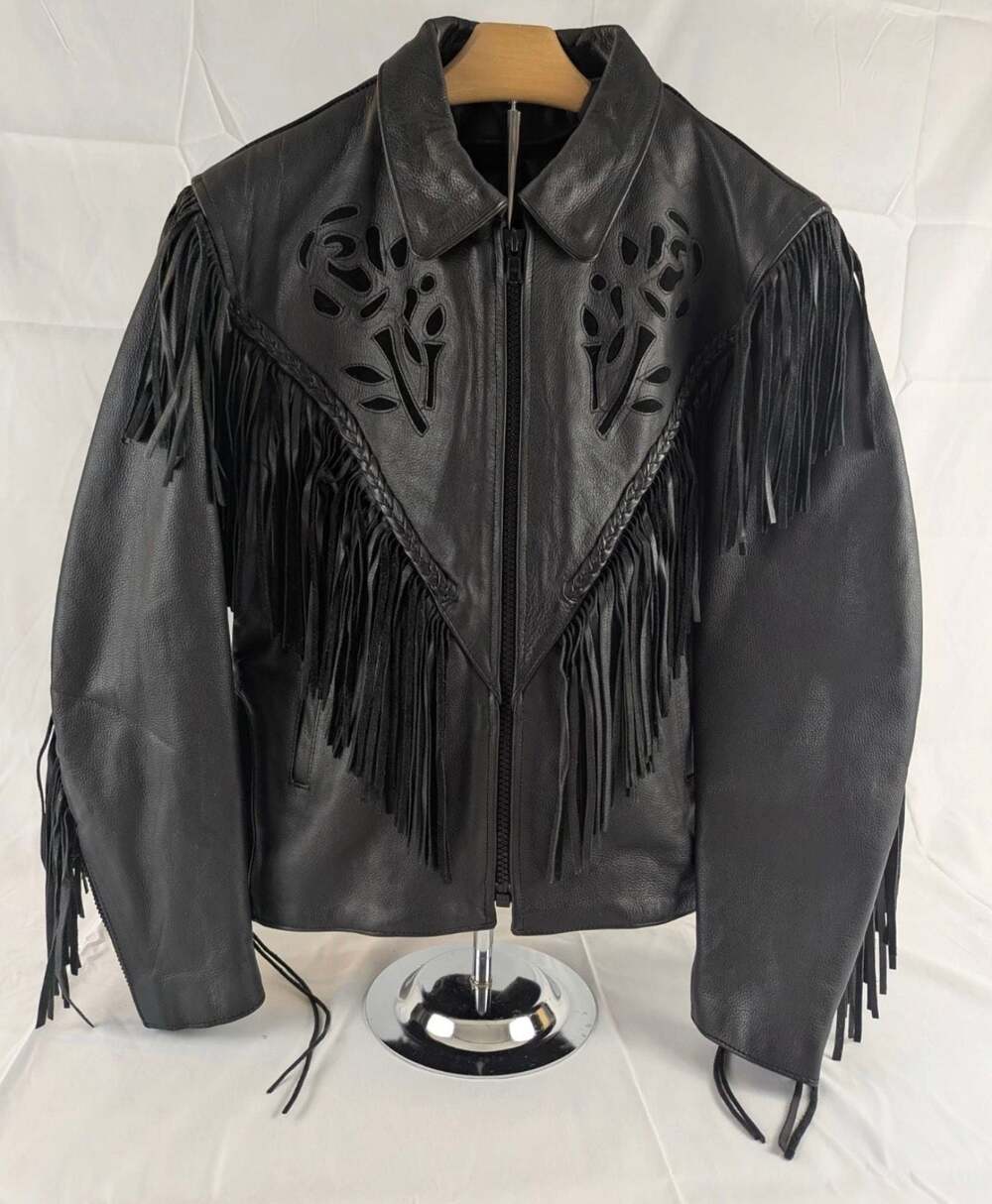 Unik Leather Apparel Women's Fringe Rose Cut-Out Leather Biker Jacket Size S